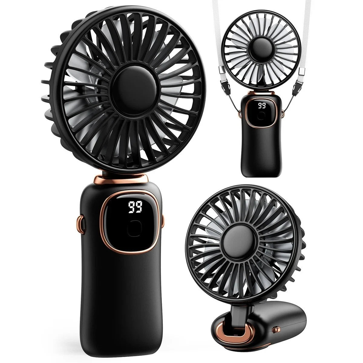 Portable Handheld Fan 4000mAh 5-Speed Neck Desk 3-in-1 Rechargeable with LED Display
