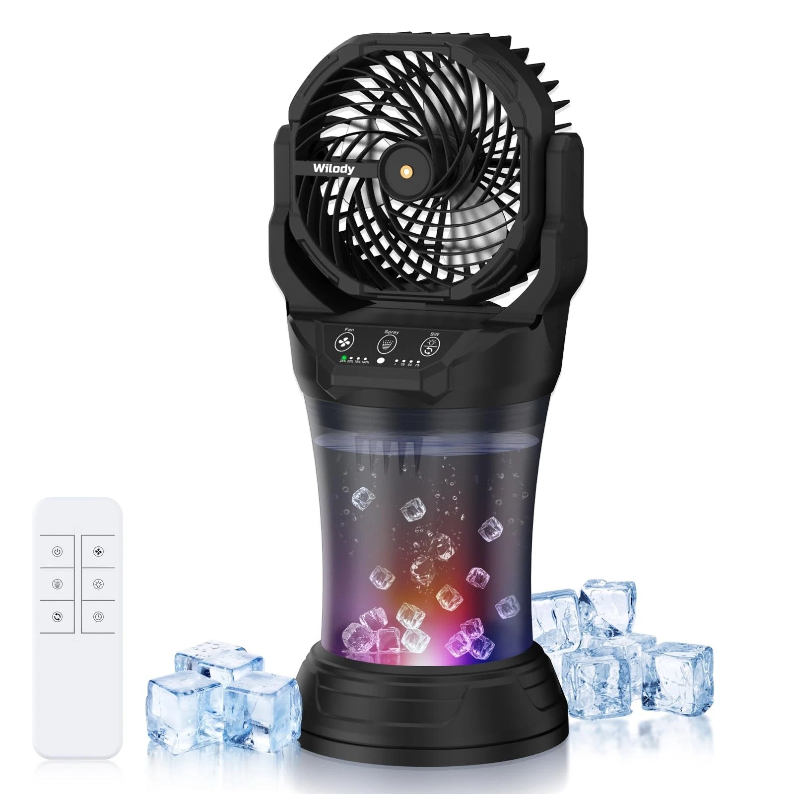 Portable Misting Fan Battery Powered with 2L Bucket, RGB Light & Remote Control