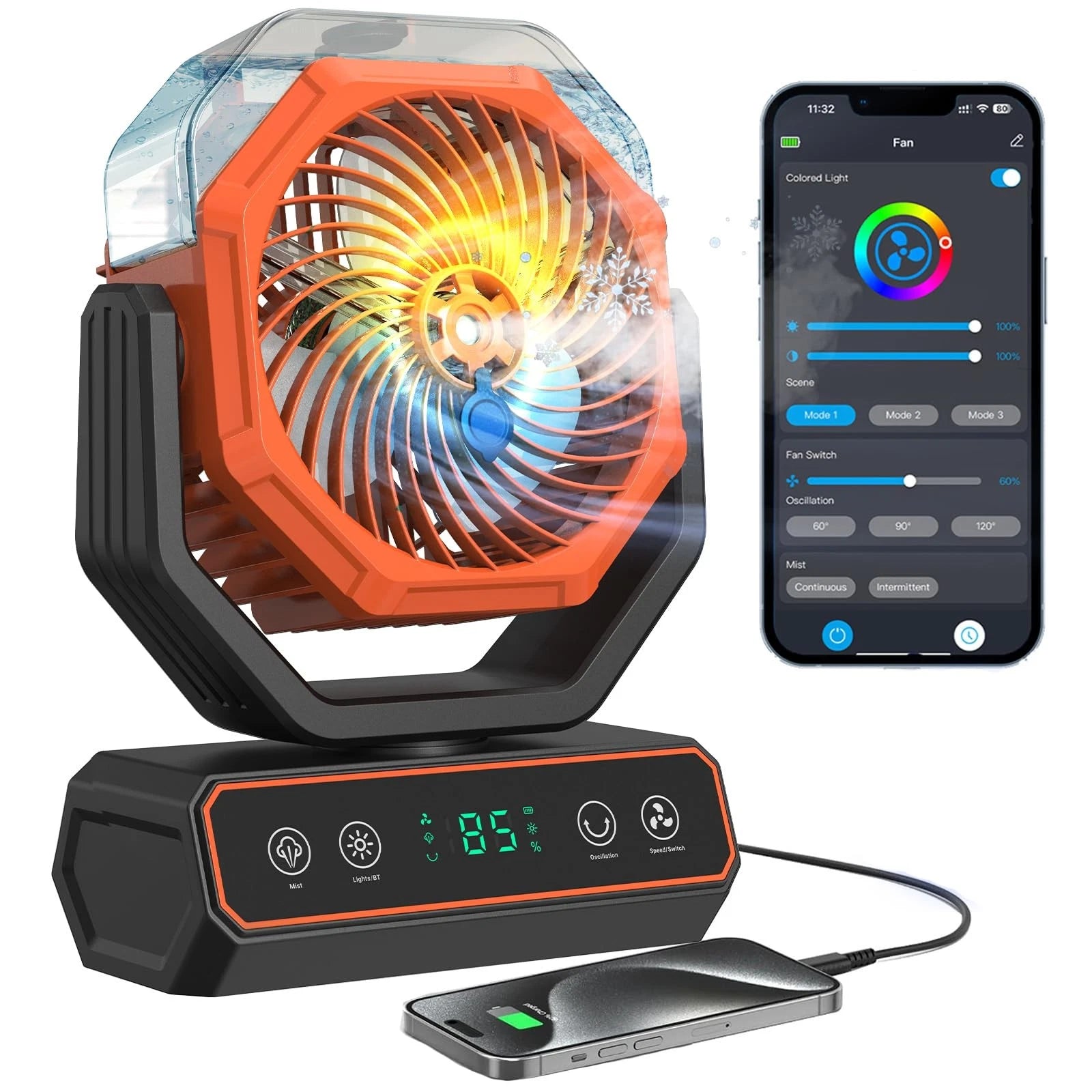 Portable Misting Fan – 40000mAh Rechargeable with Smart App, Remote & RGB Lights