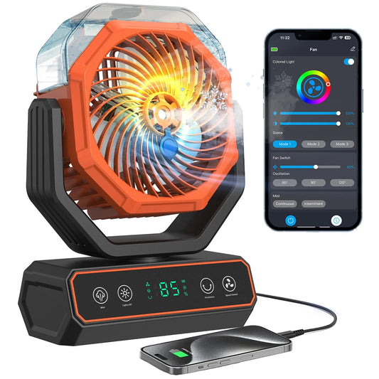 Portable Misting Fan – 40000mAh Rechargeable with Smart App, Remote & RGB Lights