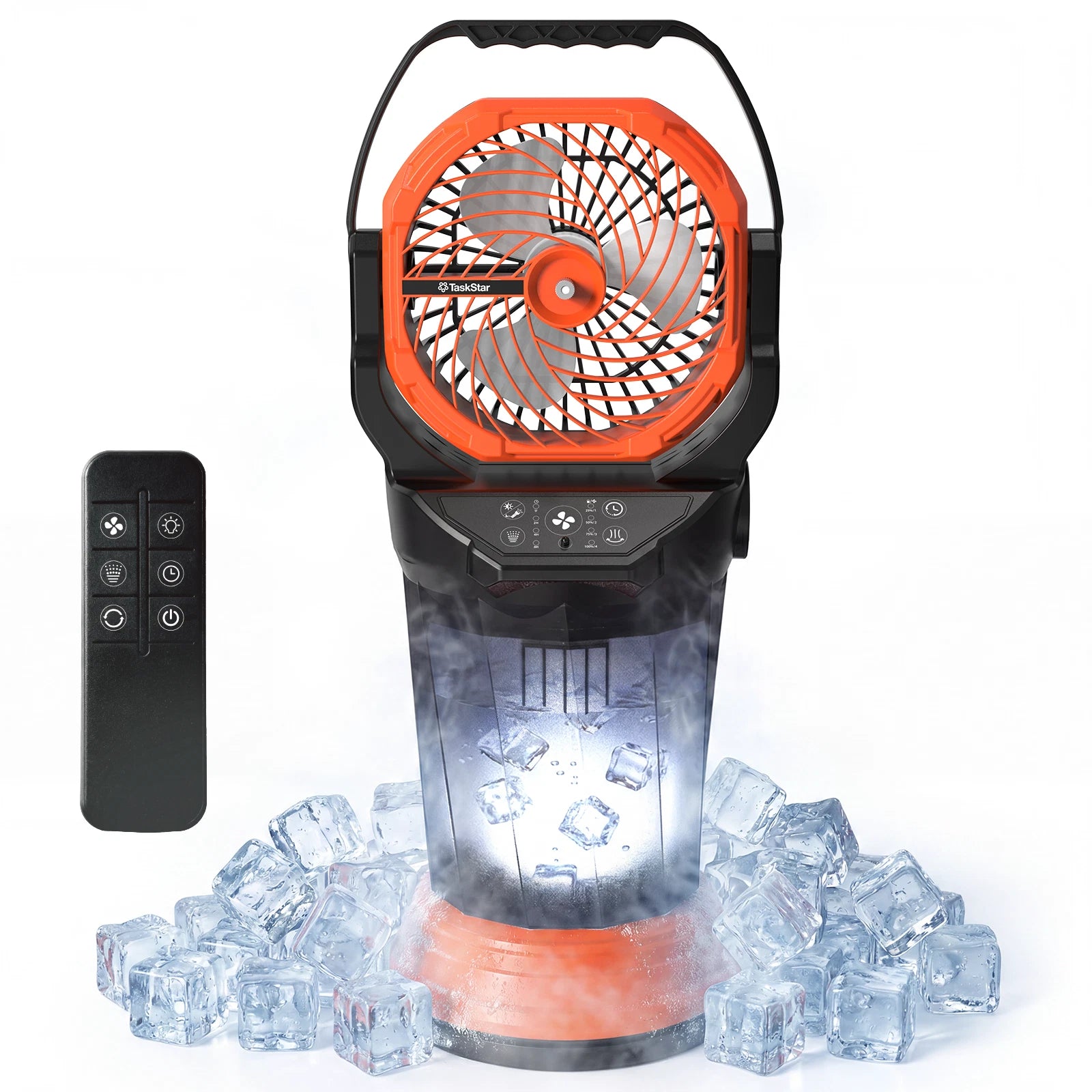 Portable Rechargeable Misting Fan with Remote, Oscillation, LED Lighting & 33000mAh Battery